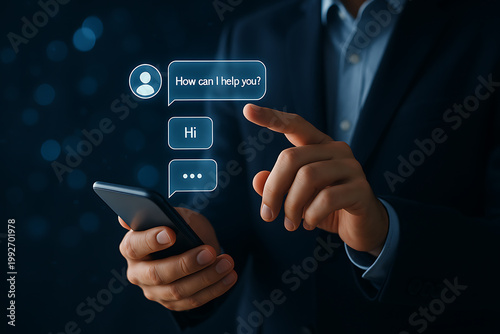 Mobile assistant chatbot holographic interface with businessman hand typing messages on smartphone representing digital customer communication