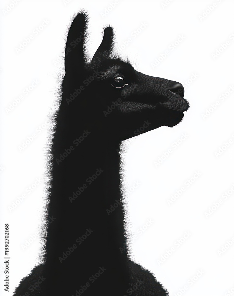 Fototapeta premium black llama profile portrait with calm, curious expression on a stark white background