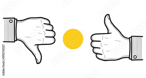 Hand gestures showing approval and disapproval against a white background with yellow circle