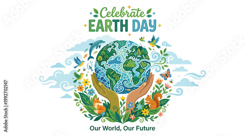 Vibrant illustration celebrating Earth Day with hands cradling the planet, surrounded by diverse wildlife and lush flora, promoting environmental protection.