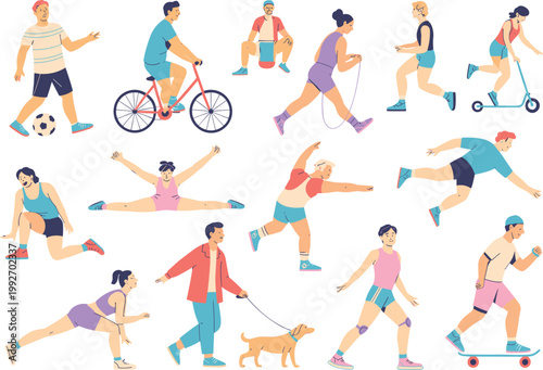 Active people lifestyle set, sports and outdoor activities vector illustration collection