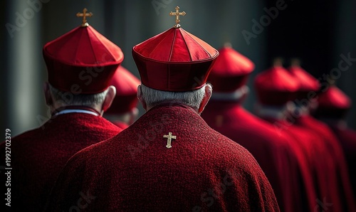 group of men in deep red ceremonial robes and tall red caps with small gold crosses, seen from behind in a solemn, reverent procession