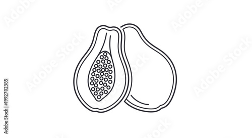 Papaya Fruit Icon, Half Cut Tropical Fruit, Simple Outline Drawing, Healthy Food Symbol