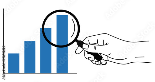 Hand holding magnifying glass over bar graph showing upward trend