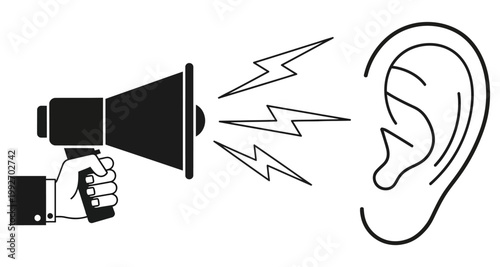 Hand holding megaphone broadcasting sound waves toward an ear icon