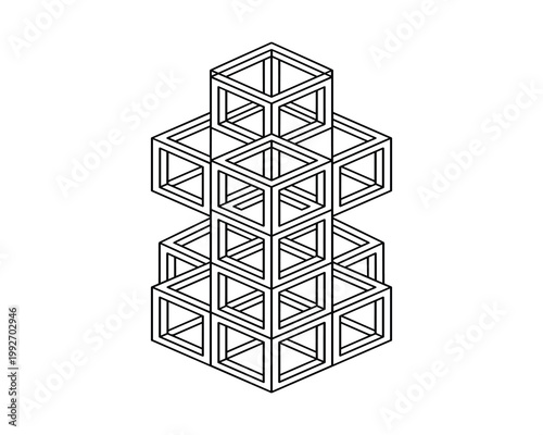 Tower made of impossible cubes and geometric shapes.