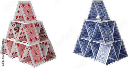 Set of Card Houses Made from Playing Cards in Red and Blue for Games, Entertainment, and Fun Illustrations