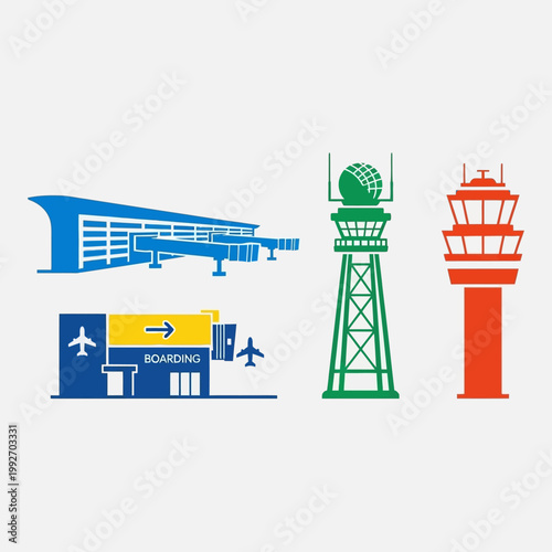 Airport Icons: Terminal, Jet Bridge, Radar, and Control Tower