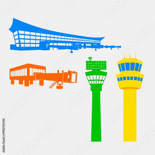 Airport Icons: Terminal, Jet Bridge, Control Towers - Vector Graphics