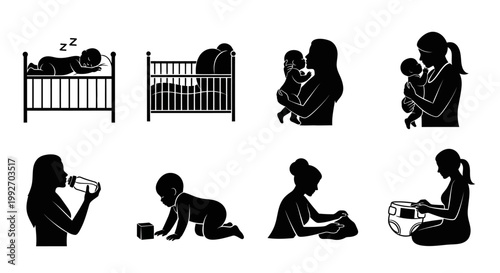 Baby Care Icons: Motherhood, Sleep, Feeding, Crawling, Changing Diaper