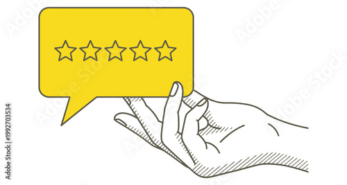 Hand holding yellow speech bubble with five stars for customer feedback during product review