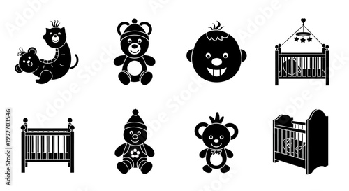 Baby Cribs and Toys Collection: Teddy Bears, Baby Face, and Animal Toy Icons