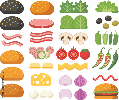 Burger ingredients collection set, fresh vegetables buns and toppings vector illustration