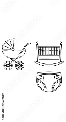 Baby Essentials Icons: Stroller, Crib, Diaper - Line Art Illustration