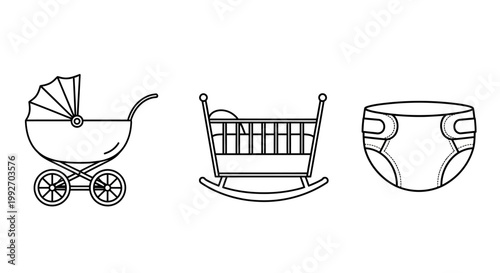 Baby Essentials Icons: Stroller, Cradle, and Diaper Line Art