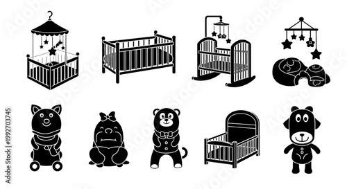 Baby Nursery Icons: Cribs, Mobiles, and Stuffed Animals - Vector Set