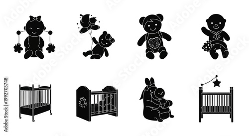 Baby Nursery Icons: Cribs, Teddy Bears, and Baby Mobile - Black and White Silhouettes