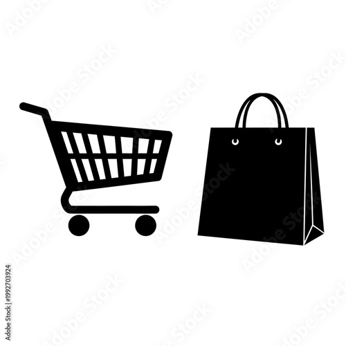 Black Shopping Cart and Shopping Bag Icons on White Background