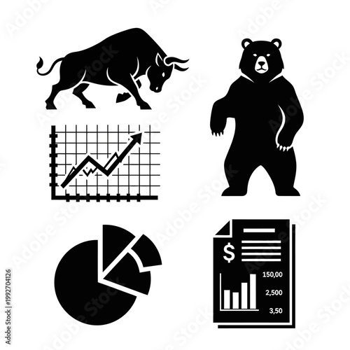 Bull and Bear Market Symbols with Financial Charts and Graphs