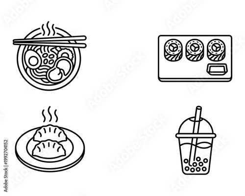Collection of popular asian food and drinks in line art style icons.