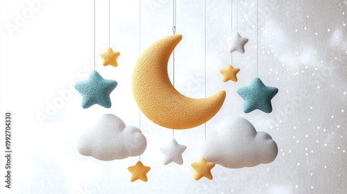 soft plush crescent moon with hanging stars and fluffy clouds nursery mobile, dreamy soothing bedtime atmosphere