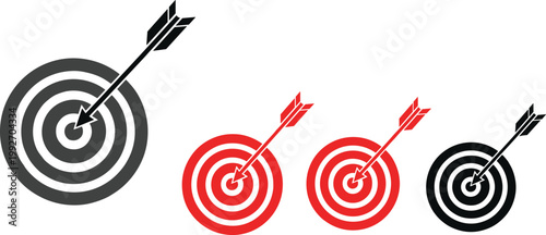 Set of Red, Black, and Gray Target Icons with Arrow for Precision, Goal Setting, and Performance Achievement Designs
