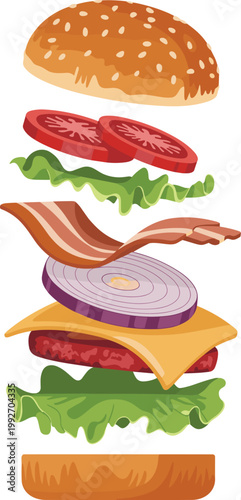 Burger ingredients stack illustration, layered fast food components vector for menu design