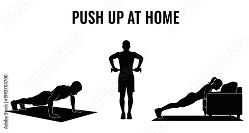 Man doing push up variations at home with fitness equipment for workout illustration