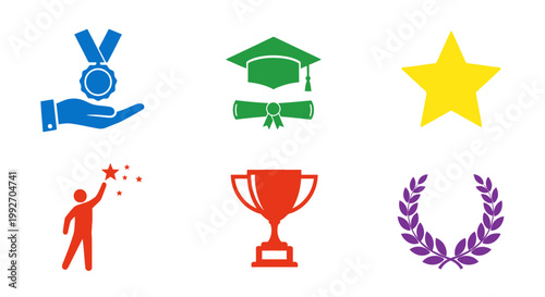 Collection of Achievement and Success Icons: Trophy, Star, Medal, Graduation Cap, Laurel Wreath, Person Reaching Star
