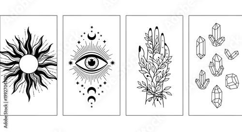 Mystical celestial sun all seeing eye hand with leaves and crystals black and white line art spiritual occult esoteric