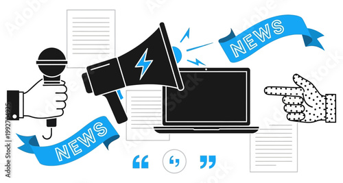 Microphone and Megaphone Announcing News with Laptop and Pointing Finger