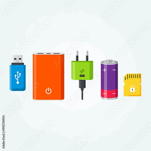 Collection of electronic gadgets: USB drive, power bank, charger, battery, SD card