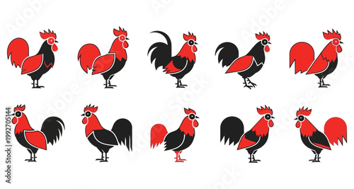 Rooster collection in flat design style with red and black colors