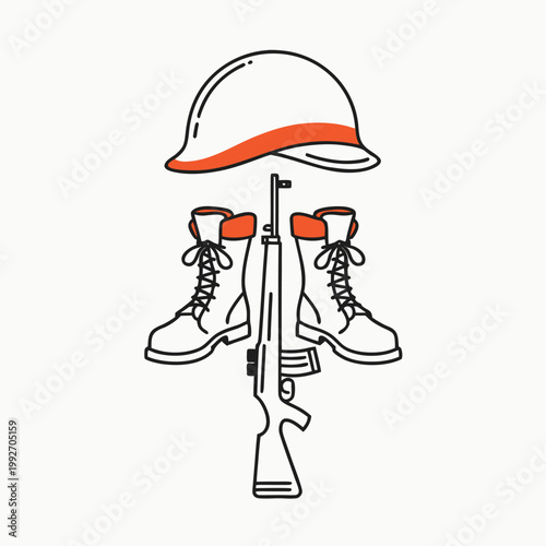 Minimal Line Art Soldier Memorial Vector with Helmet Rifle and Boots Remembrance Tribute Icon