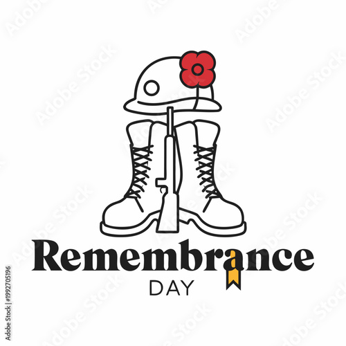 Minimal Line Art Remembrance Day Vector Illustration with Soldier Helmet Boots and Rifle Memorial Icon