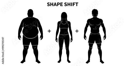 Silhouette of overweight person transforming into fit individual with plus signs indicating process