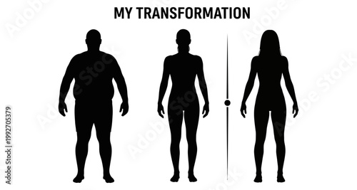 Silhouette progression showing weight loss transformation with before and after comparison