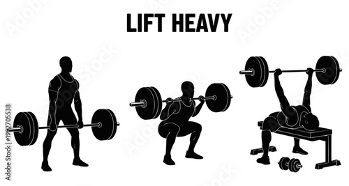 Silhouetted figures performing weightlifting exercises during a workout