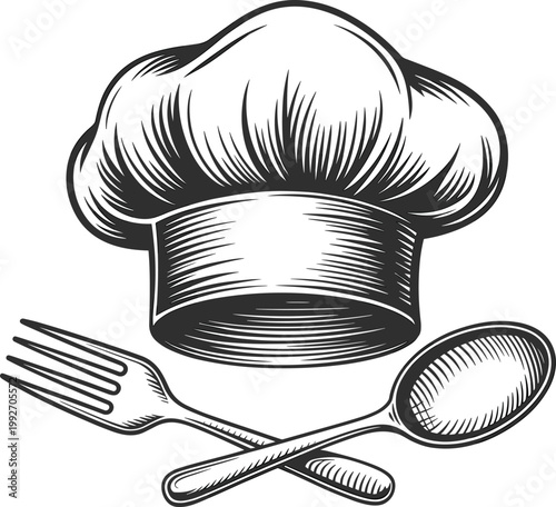 Chef hat with fork and spoon, vintage kitchen cooking emblem illustration