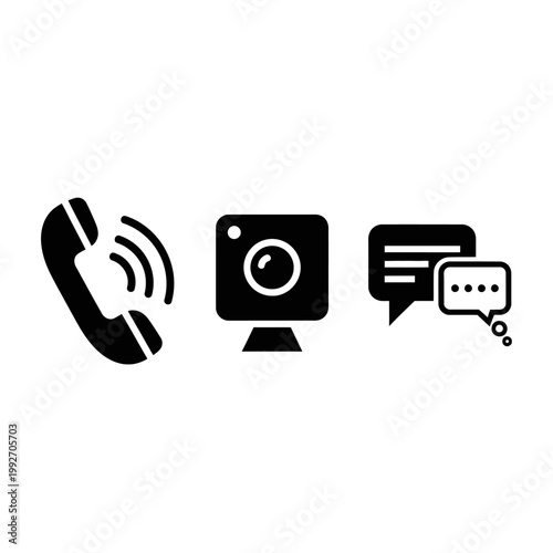 Communication Icons: Phone, Webcam, and Chat Bubbles on White Background