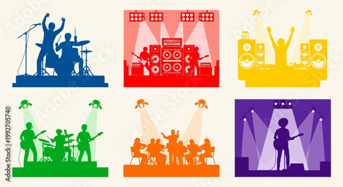 Concert Silhouettes: Diverse Music Bands Performing Live on Stage