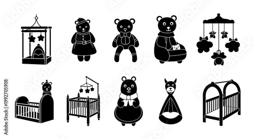 Cute Baby Icons Collection: Teddy Bears, Cribs, and Mobile - Black and White Vector Set