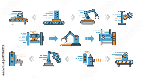 Industrial robotic arms manufacturing process workflow.