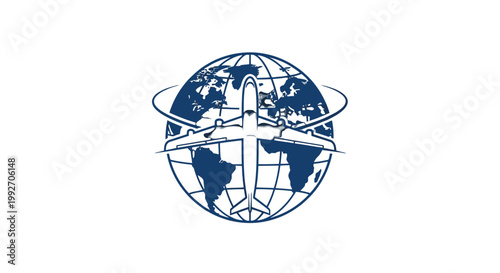 Blue outline of an airplane flying over a globe with orbital lines, symbolizing global aviation, international travel, and worldwide connections.