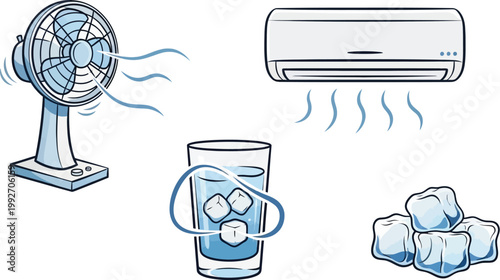 Illustration showing various essential methods and household items for cooling down and finding relief from the summer heat