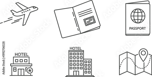 Collection of essential travel and tourism outline icons representing flight, accommodation, passports, tickets, and navigation for modern journey planning.