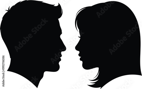 Silhouette of man and woman facing each other closely symbolizing love connection communication intimacy relationship isolated on white background