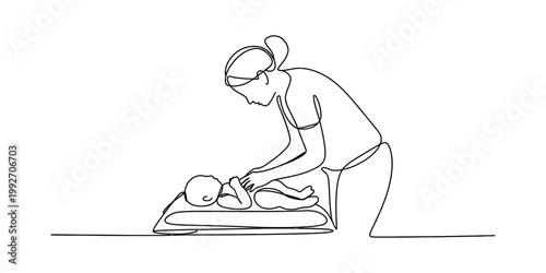 A beautiful and minimalist single continuous line drawing illustration of a caring mother attentively changing the diaper of her small baby on a soft changing pad in a gentle and nurturing home settin