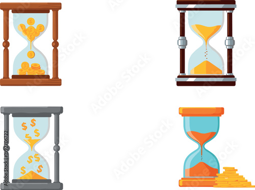 Hourglass collection with sand timers and money flow concept, business time management vector illustration set for finance design
