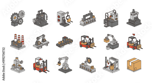Industrial robotic machines and factory equipment icons.